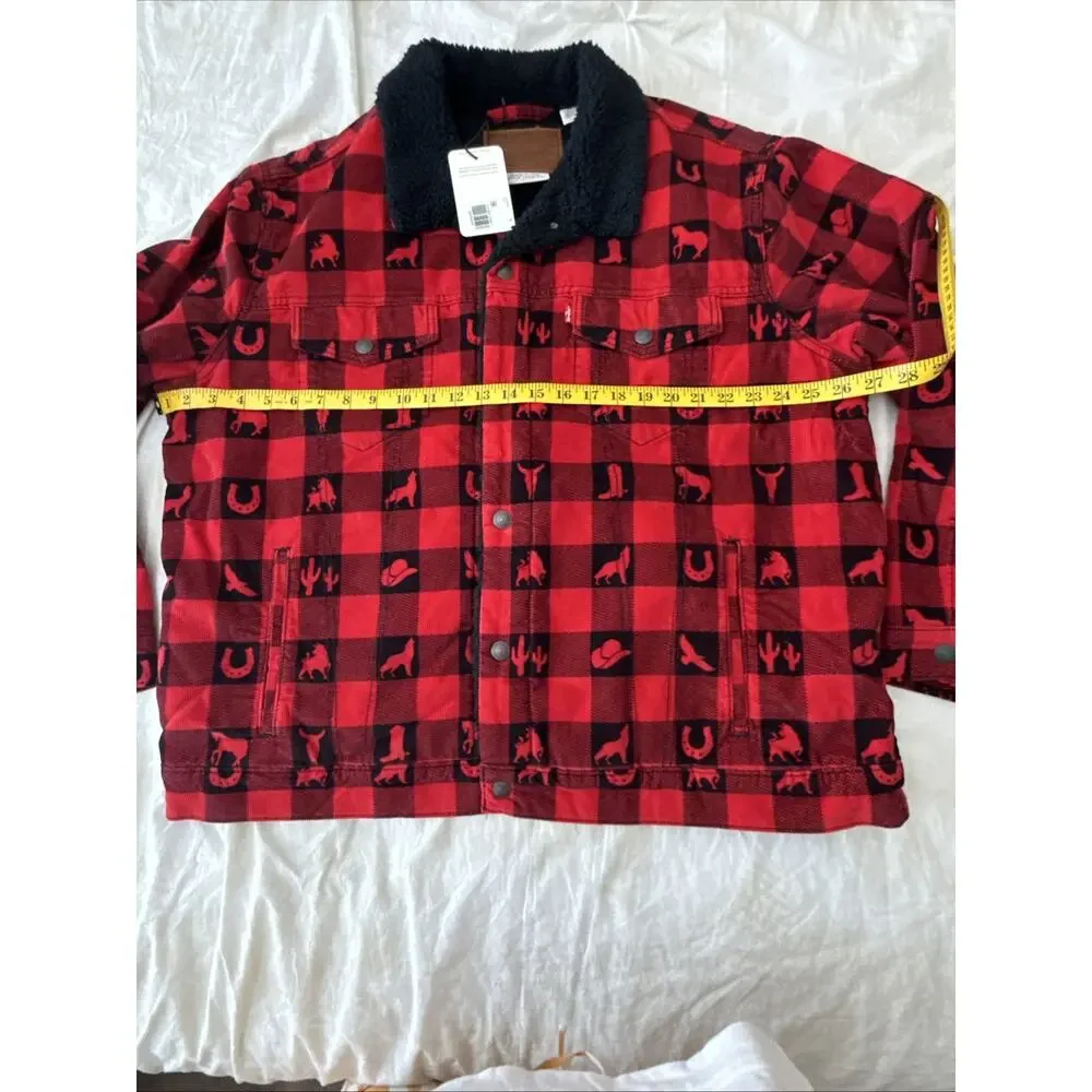 Levi’s Premium Sherpa Trucker Jacket XL Red Plaid Western Print New